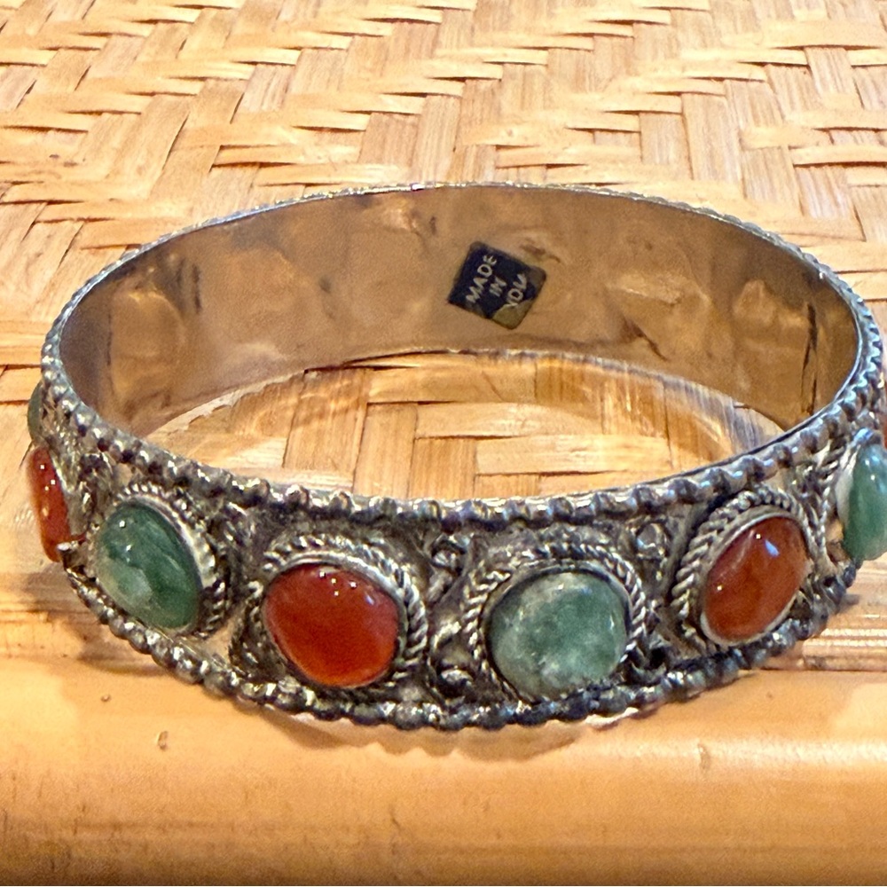 Vintage Silver Bangle Bracelet with Green and Amber Stones Made In India